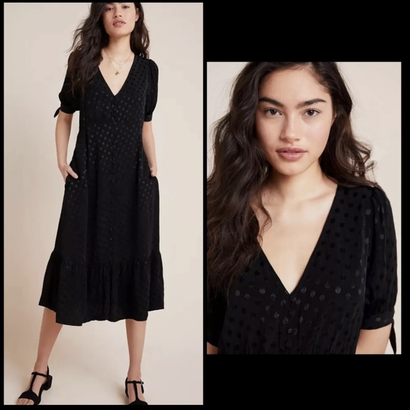 Maeve Dresses & Skirts - Maeve Anthropologie Button Up Black Eudora Midi Dress Satin Textured Polka Dots